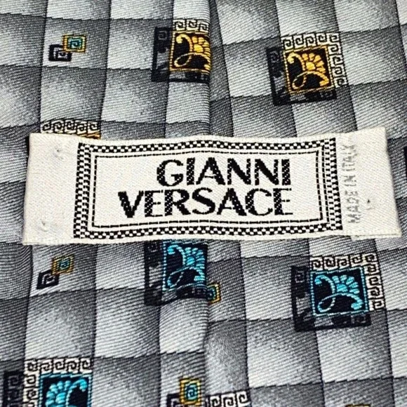 GIANNI VERSACE Vintage 90s Tie Baroque Flower Medusa Grey Squares Plaid Necktie - Picture 5 of 12